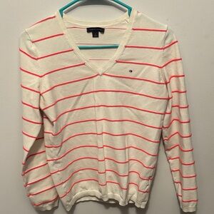 Tommy Hilfiger Ivory and Coral Striped V-Neck Sweater